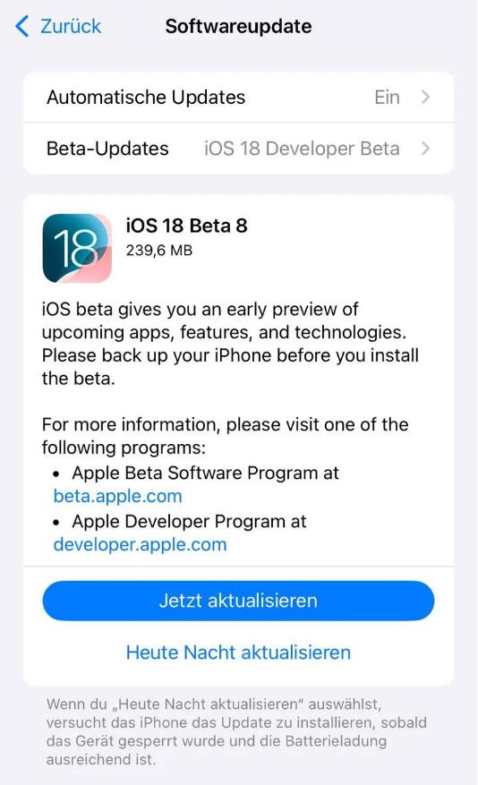 寻甸苹果手机维修分享苹果 iOS / iPadOS 18 开发者预览版 Beta 8 发布 